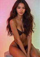 A woman in a black bikini sitting on a stool photo