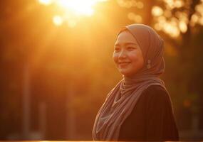 A woman wearing a hijab smiles at the sun photo