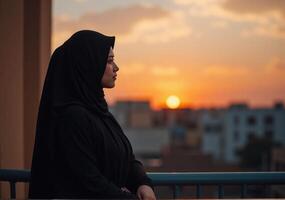 A woman in a black hijab stands on a balcony at sunset photo
