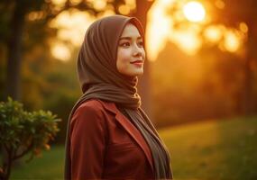Beautiful muslim woman in hijab in the park at sunset photo