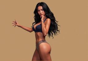 A woman in a bikini posing on a brown background photo