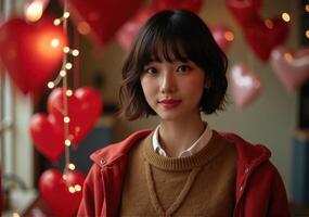 A woman in a sweater standing in front of red hearts photo