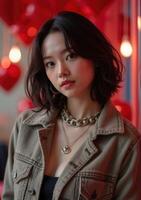 A woman with a necklace and a jacket standing in front of red balloons photo