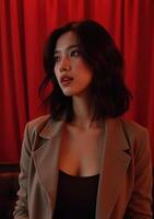 A woman in a black top and tan jacket sitting in front of a red curtain photo