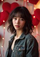 A woman with short hair and a jacket in front of red hearts photo