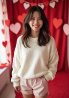 A woman in a white sweater and shorts standing in front of a valentine heart backdrop photo
