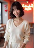 A woman with short hair and a white sweater photo