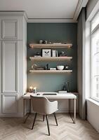 A home office with a desk and shelves photo
