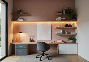 A home office with pink walls and shelves photo
