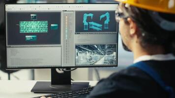 Photovoltaics factory engineer wearing yellow hardhat analyzing data, reviewing system metrics. Solar panels plant technician troubleshooting technical issues using computer software, camera B video