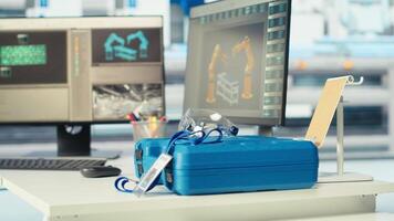 Toolbox on desk in empty photovoltaics factory and PC used for analyzing data and reviewing system metrics. Toolbox in solar panels manufacturing plant used for repairing technical issues faults video