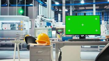Isolated screen PC display used to adjust photovoltaics factory system parameters. Mockup computer monitor used for optimizing energy supply in solar panel manufacturing plant video