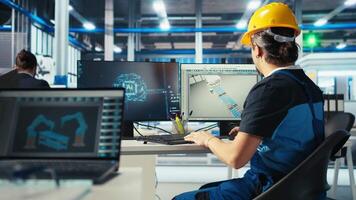 Photovoltaics factory engineer using artificial intelligence to monitor performance of robot arms placing solar panels on assembly lines. Expert using AI tech to inspect solar plant machinery video