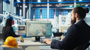 Photovoltaics factory engineer adjusting system parameters on PC to maximize solar cells power generation. Technician optimizing energy supply in solar panel manufacturing plant, camera A video