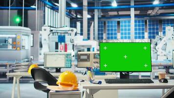 Isolated screen PC in empty solar panels manufacturing plant used to optimize layouts. Chroma key computer in photovoltaics factory used to do arrangements for maximum energy output video