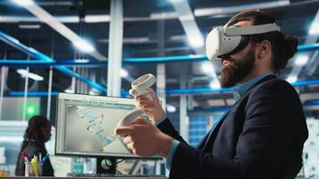 Photovoltaics factory worker monitors system performance using virtual reality tech. Solar panels manufacturing plant employee using VR headset to track energy production and efficiency, camera A video