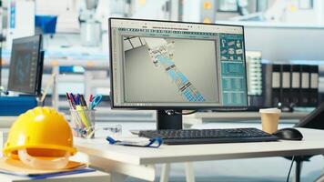 Computer monitor in empty photovoltaics factory used to diagnose malfunctioning systems. PC screen on desk in solar panels manufacturing plant used for maintaining system operational reliability video