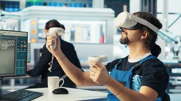 Photovoltaics factory engineer analyzing data using VR headset, reviewing system health. Solar panels plant employee troubleshooting issues using virtual reality tech, diagnosing faults, camera B video