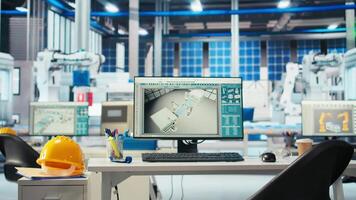 PC on desk in empty photovoltaics factory monitoring system performance. Computer monitor in sustainable solar panels manufacturing plant tracking energy production and efficiency video