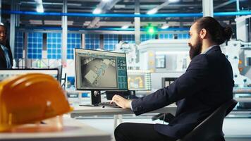 Photovoltaics factory manager brainstorms with colleague, analyzing data, reviewing metrics. Solar panels plant coworkers collaborates to troubleshoot technical issues, diagnosing faults, camera A video