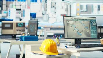 PC display used to adjust empty photovoltaics facility system parameters, increasing performance. Computer desk in solar cells manufacturing plant optimizing energy supply, close up video