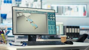 PC monitor on desk in green energy solar panels plant with CAD software used to optimize layouts. Computer program in eco friendly photovoltaics factory doing arrangements for maximum energy output video