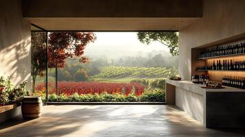 A view of a wine cellar with a view of a vineyard photo