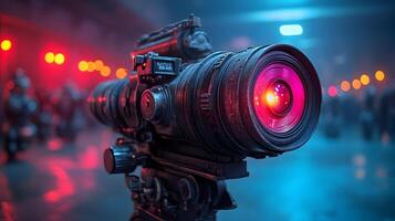 A camera with red light on it in front of a crowd photo