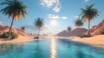 3d rendering of palm trees and water in the desert photo