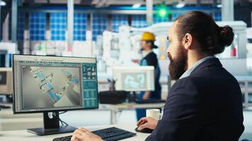 Photovoltaics factory manager delegating tasks to employee after checking performance of solar panels. Expert sending worker to make adjustments after inspecting solar plant machinery, camera A video