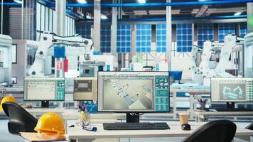 PC on desk in empty photovoltaics factory used for analyzing data and reviewing system metrics. Computer in solar panels manufacturing plant troubleshooting technical issues, diagnosing faults video