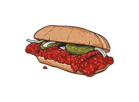 A sandwich, featuring a saucy, red meat patty on a long bun, topped with onions and pickle vector