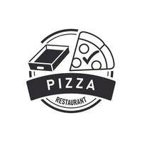 A monochrome logo design for a pizza restaurant, featuring a stylized pizza slice and pizza box outline vector