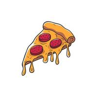 Illustration of a pizza slice with pepperoni, featuring a cartoonish style with melting cheese dripping from the crust vector
