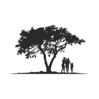 Illustration of a family standing under a large, spreading tree against a clean white background vector