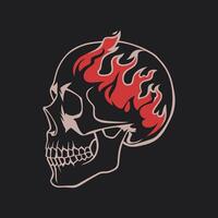 Illustration of a skull in profile, featuring red flames emanating from the top vector