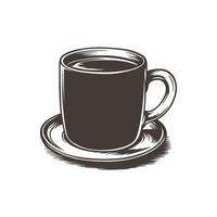 Coffee cup and saucer, rendered in a classic engraving style with a solid dark fill against a white background vector