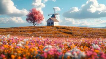 A windmill and a tree in a field with flowers photo