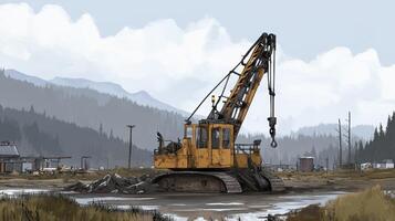 A large yellow construction crane stands in a wet rural landscape photo
