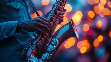 A person playing a saxophone in front of a bokeh background photo