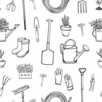 Hand drawn gardening items seamless pattern. Garden tools and plants in sketch style. Monochrome design for fabric, textile, wrapping paper vector