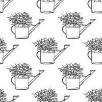 Hand drawn bouquet in watering can seamless pattern. Garden flowers in sketch style. Monochrome design for fabric, textile, wrapping paper vector