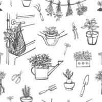 Growing garden flowers seamless pattern in sketch style. Hand drawn garden tools and different plants. Monochrome design for fabric, textile, wrapping paper vector
