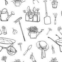 Gardening items in sketch style seamless pattern. Hand drawn garden tools, accessories and plants. Monochrome design for fabric, textile, wrapping paper vector