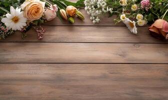 Peach roses, daisies, and wildflowers arranged on rustic wood. photo