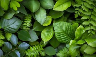Lush green foliage background with various leaf types. photo