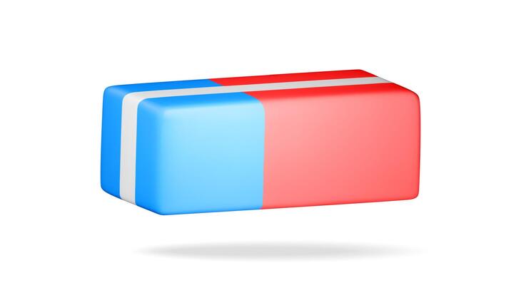 3D blue red rubber eraser isolated on white. Render two side eraser icon. Office or school supply,