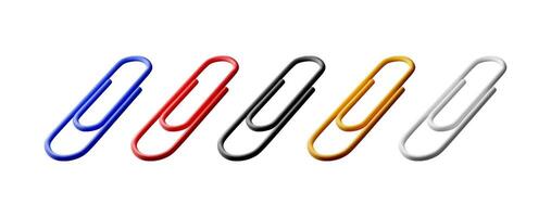 3D set of colored paper clips isolated on white. Render collection of paperclip icons. Tools for education and work vector