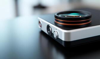 Close-up of a modern camera lens on a sleek device. photo