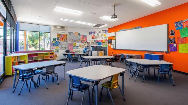 A bright and organized classroom with tables, chairs, and colorful educational materials photo